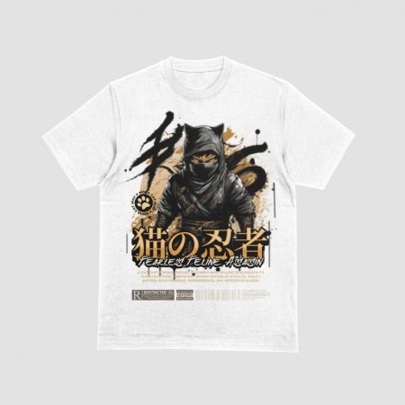 猫の忍者 Tシャツ ブラック 黒 ホワイト 白 男女兼用 H3015